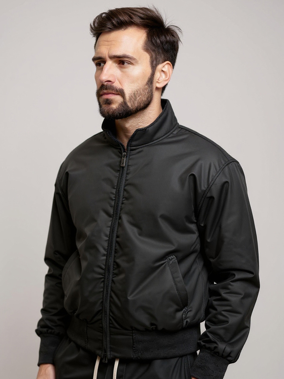 HERE&NOW Men Black Stand Collar Polyester Bomber Jacket
