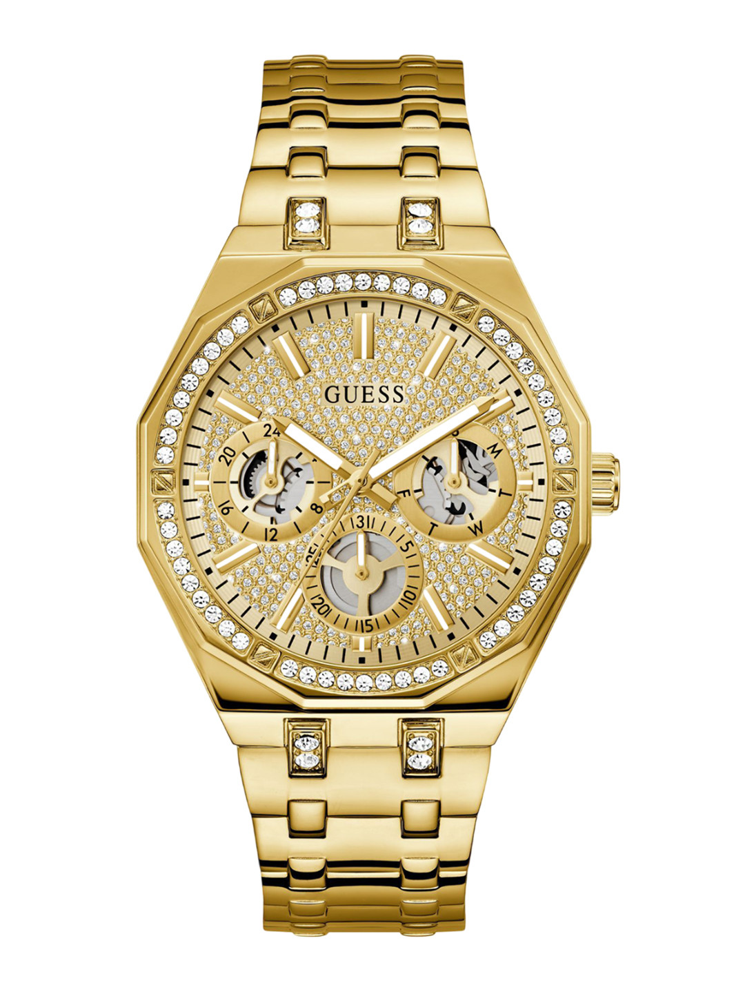 GUESS Men Kryptonite Round Embellished Dial & Bracelet Style Straps Analogue Watch