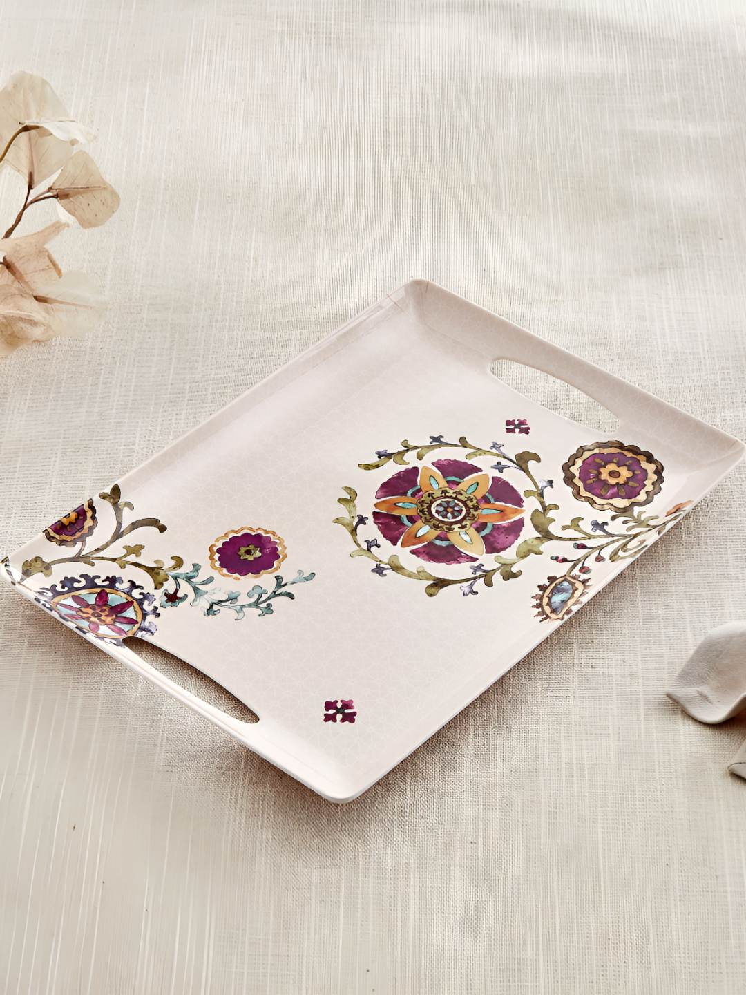 Home Centre Nesto Pormela Beige & Purple Printed Melamine Serving Tray