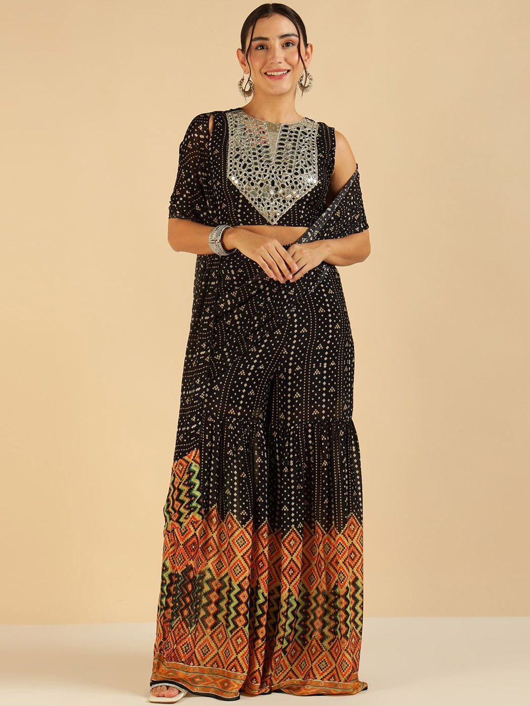Vibes by Deebaco Women Bandhani Mirror Work Pure Chiffon Palazzo Saree