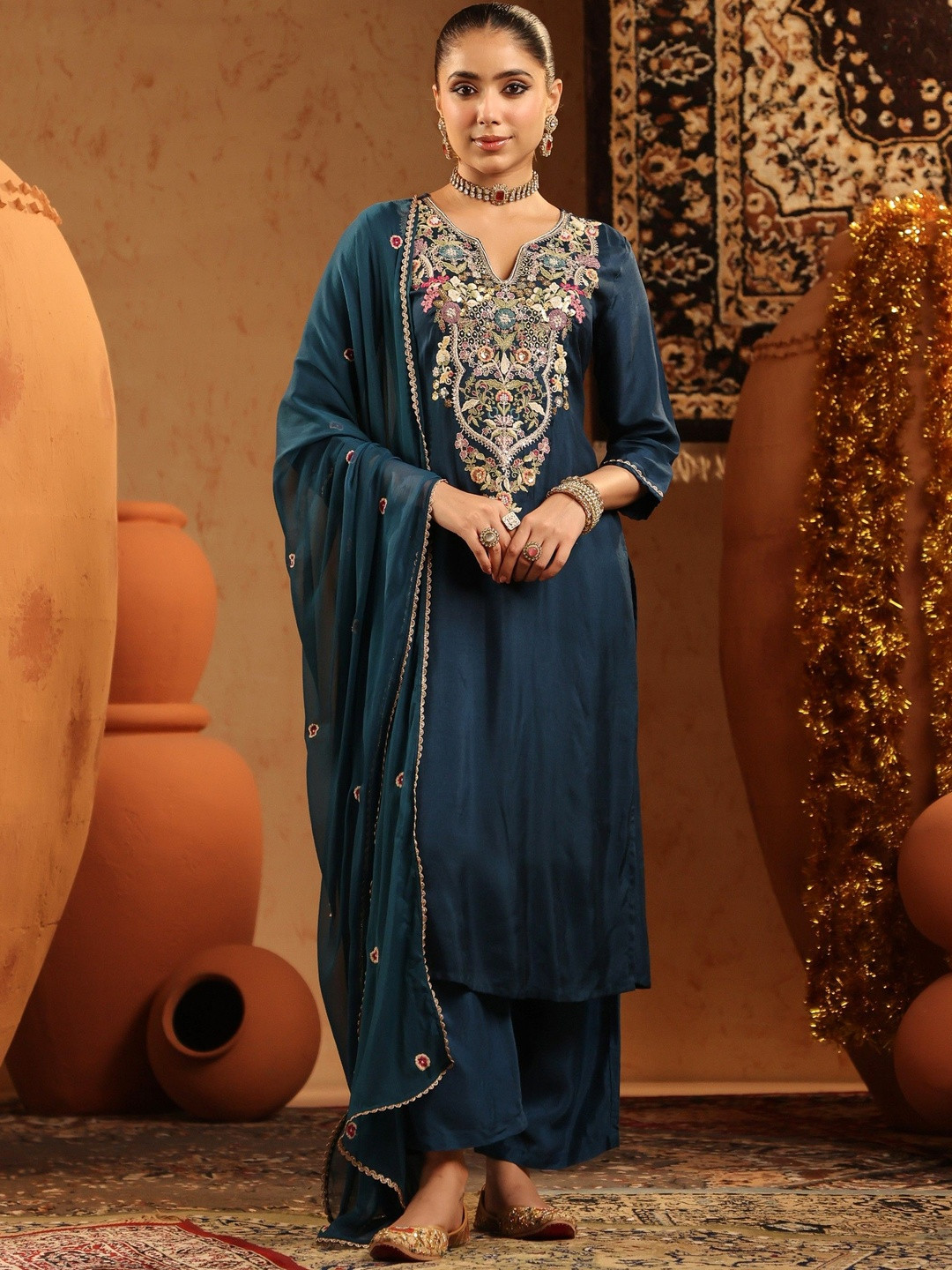 SCAKHI Women Teal Russian Silk Hand Embroidered Straight Suit Set