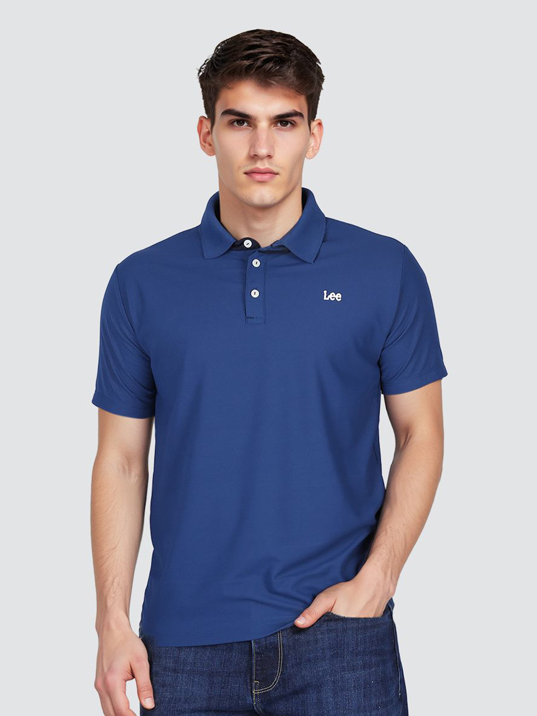 Lee Men Brand Logo Printed Polo Collar Short Sleeves Pure Cotton T-shirt