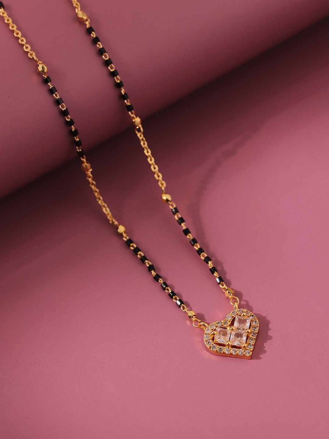 Voylla Divina Gold-Plated American Diamond Studded & Beaded Heart Shaped Mangalsutra