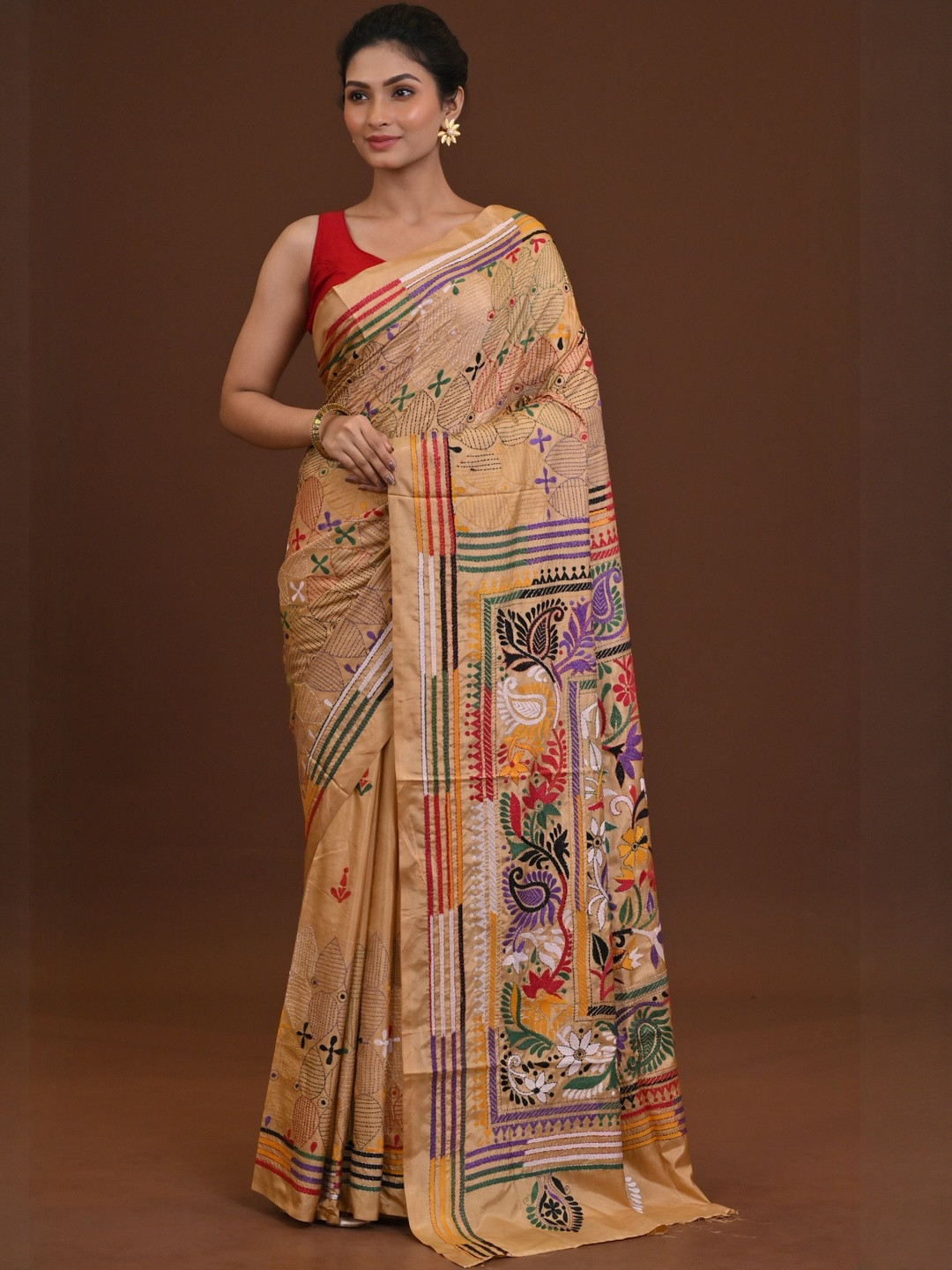 RAM SHYAM collection Women Ethnic Motifs Embroidered Kantha Work Saree with a Blouse Piece
