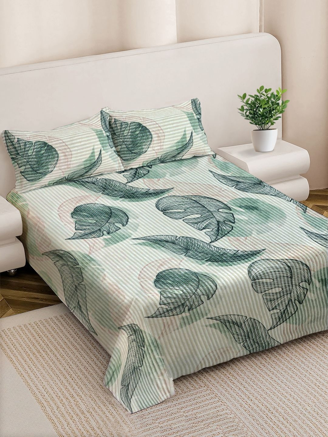 FABINALIV Green & White Floral Printed Woollen 300 TC King Bedsheet Set 2.5 x 2.25 m