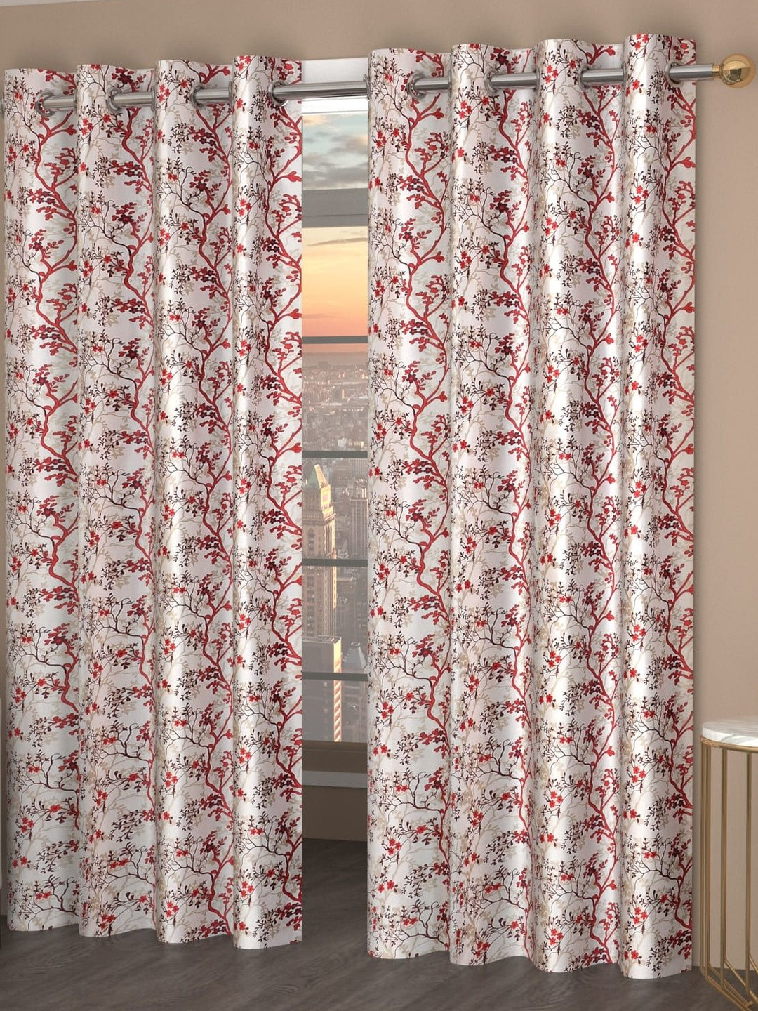 GEET CREATIONS Silmili Maroon & White 2 Pieces Printed Room Darkening Window Curtain