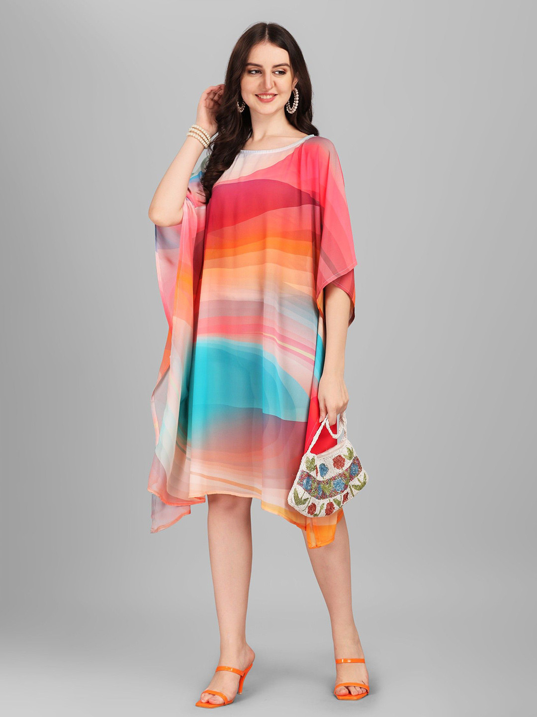 ROMONIA Women Abstract Printed Round Neck Kimono Sleeves Kaftan Dress