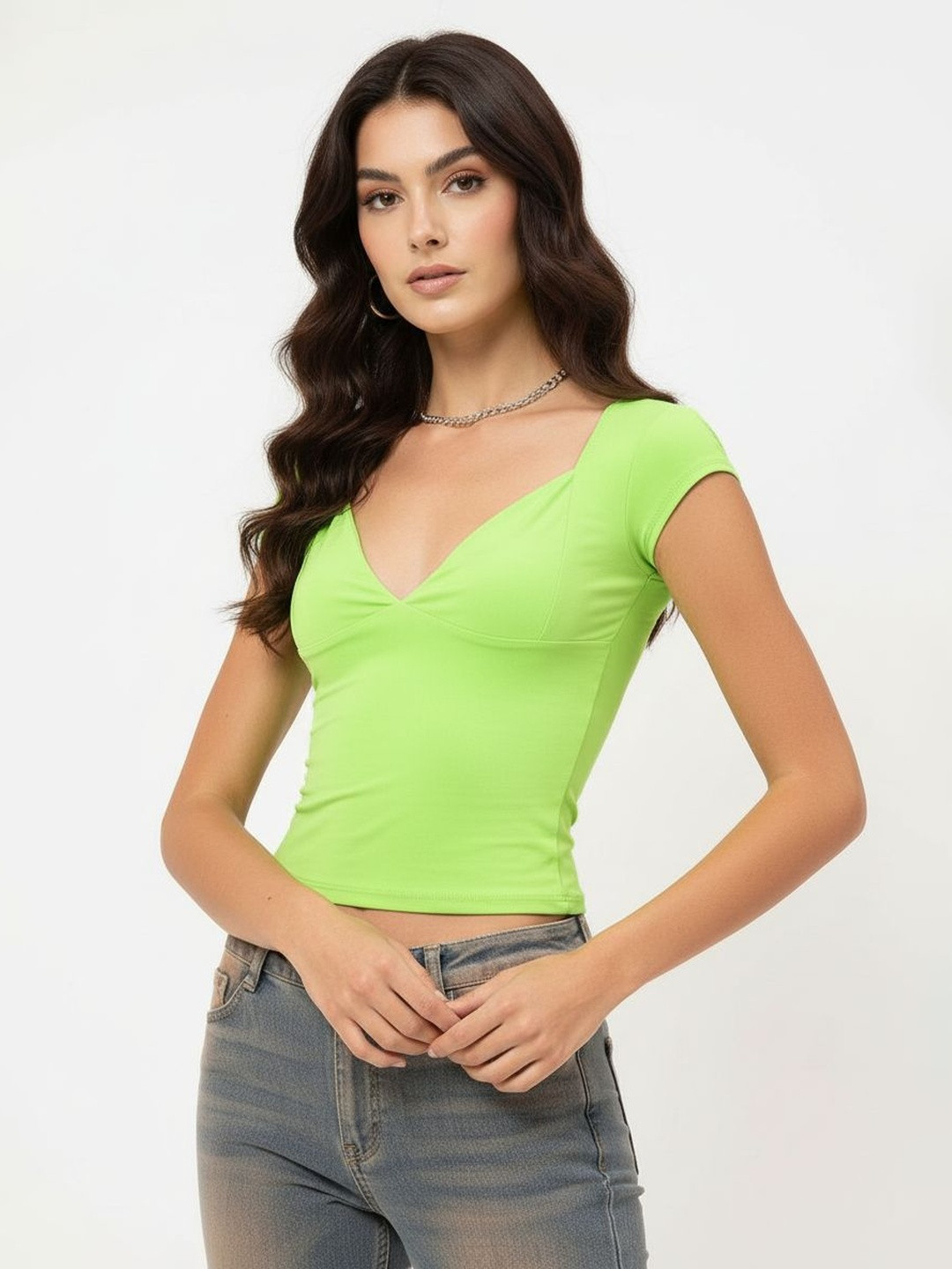 DressBerry Cyber Lime Sweetheart Neck Fitted Crop Top