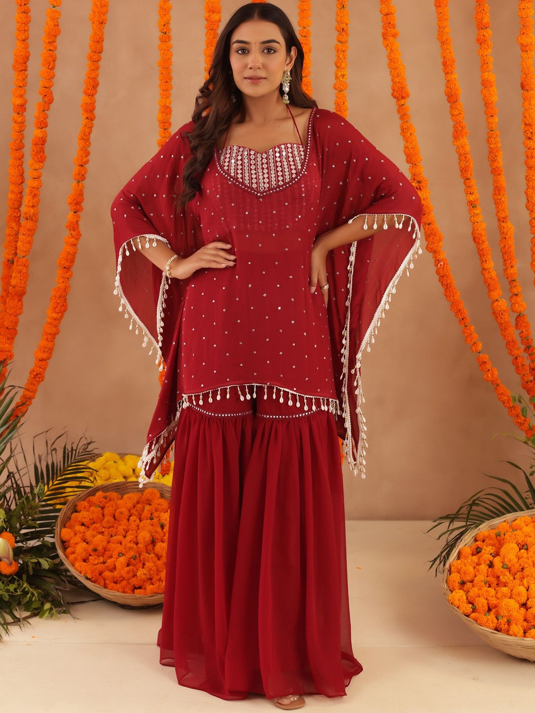 DEASHA INDIA Ethnic Motifs Printed Halter Neck Mirror Work Kaftan Kurta With Sharara