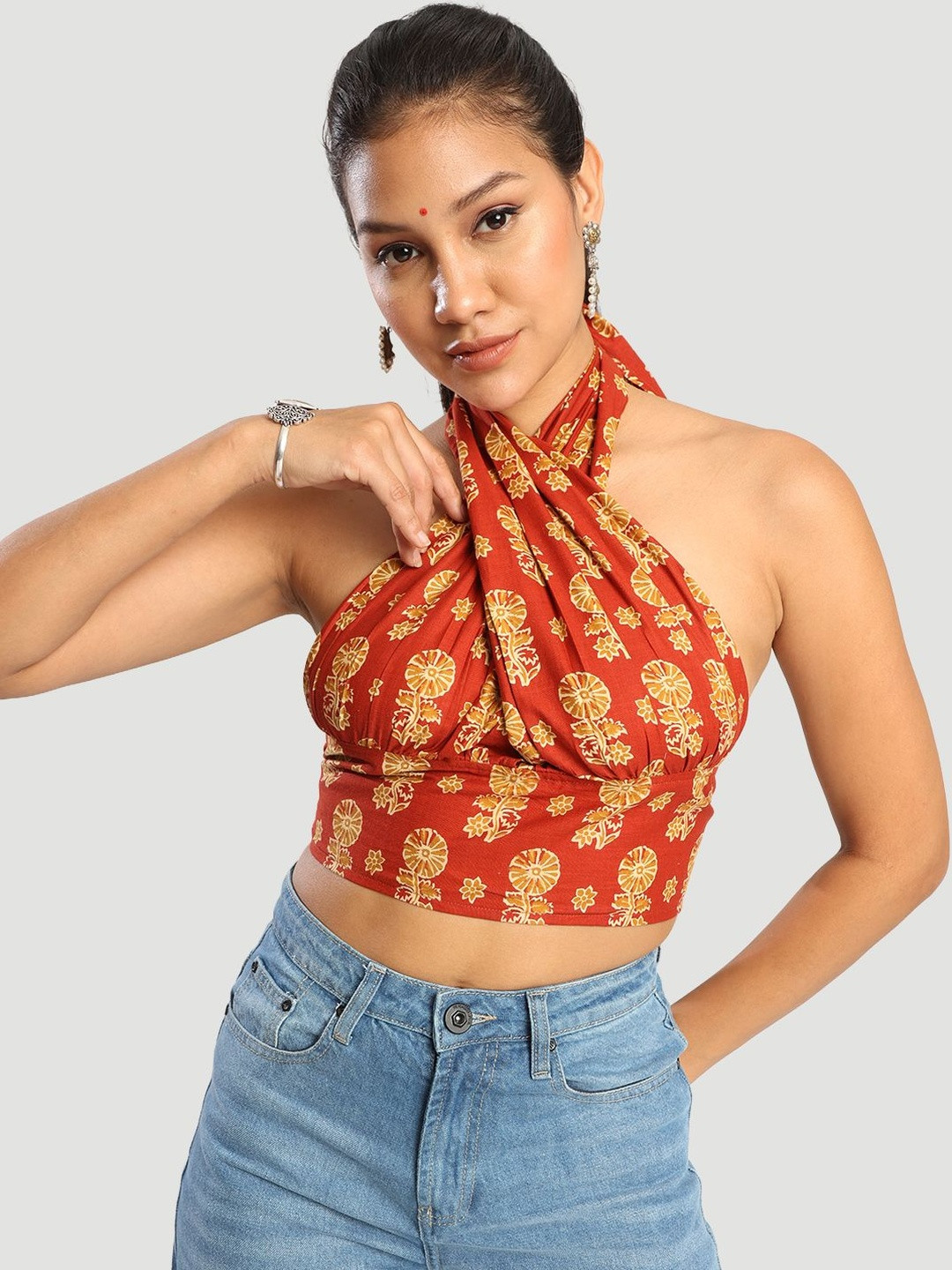 Bene Kleed Floral Printed Halter Neck Ethnic Cotton Crop Top