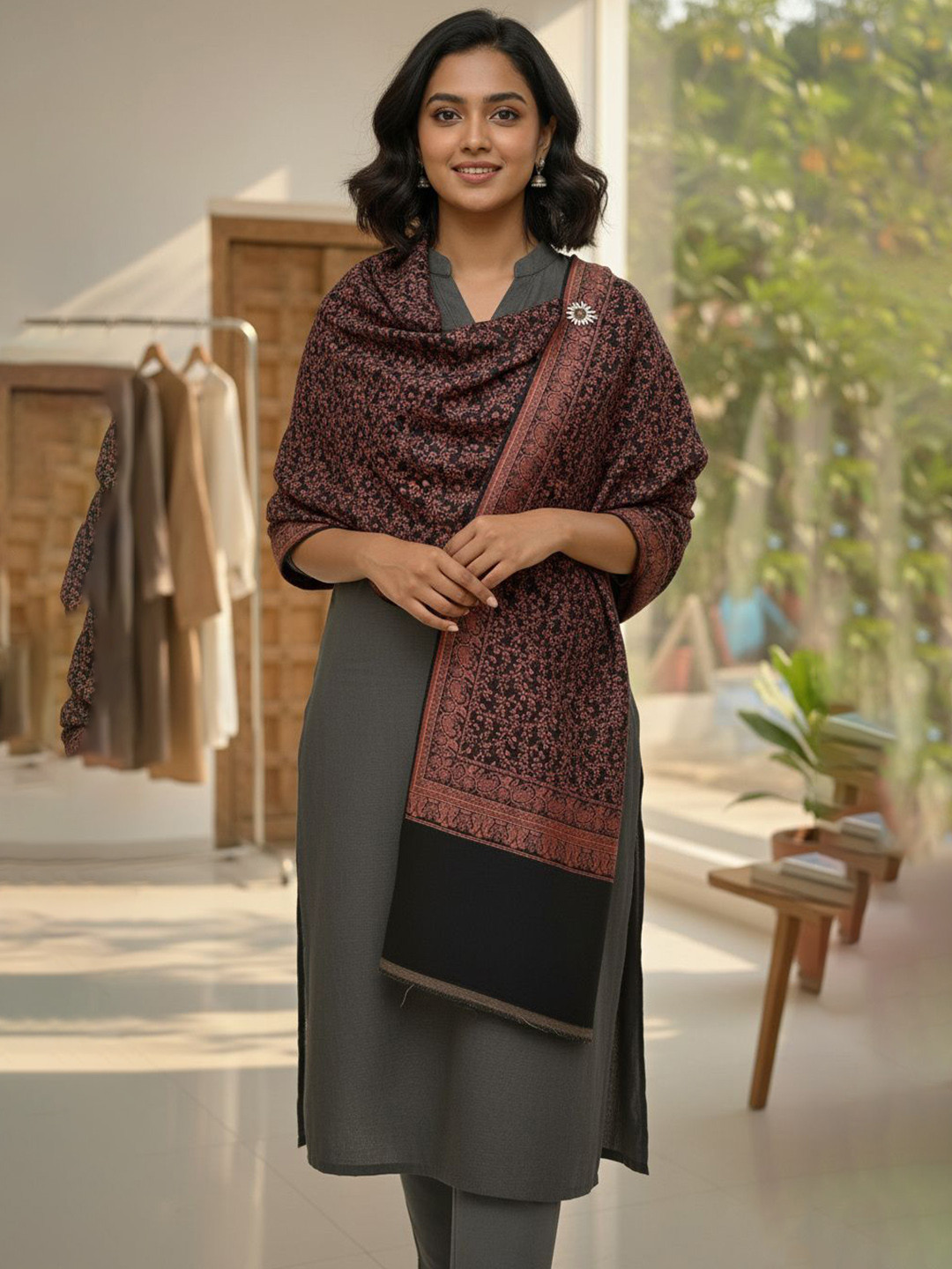 THE SHAWL STUDIO Floral Woven Design Woollen Kani Jaal Shawl