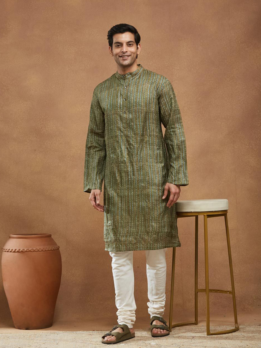 Fabindia Men Hand Block Printed Pure Silk Kurta