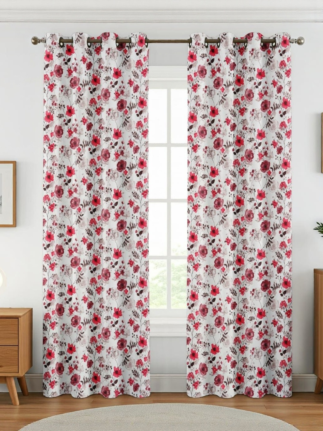 GEET CREATIONS Softy-Floral Pink & White 2 Pieces Printed Room Darkening Window Curtains