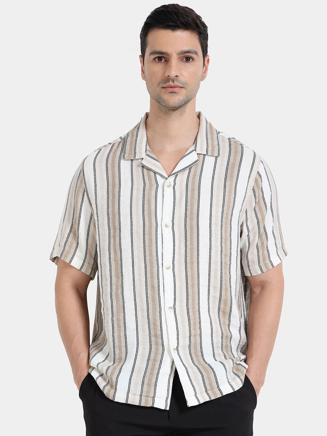 StitchX Men's Half Sleeve Striped Cuban Collar Double Cloth Shirt