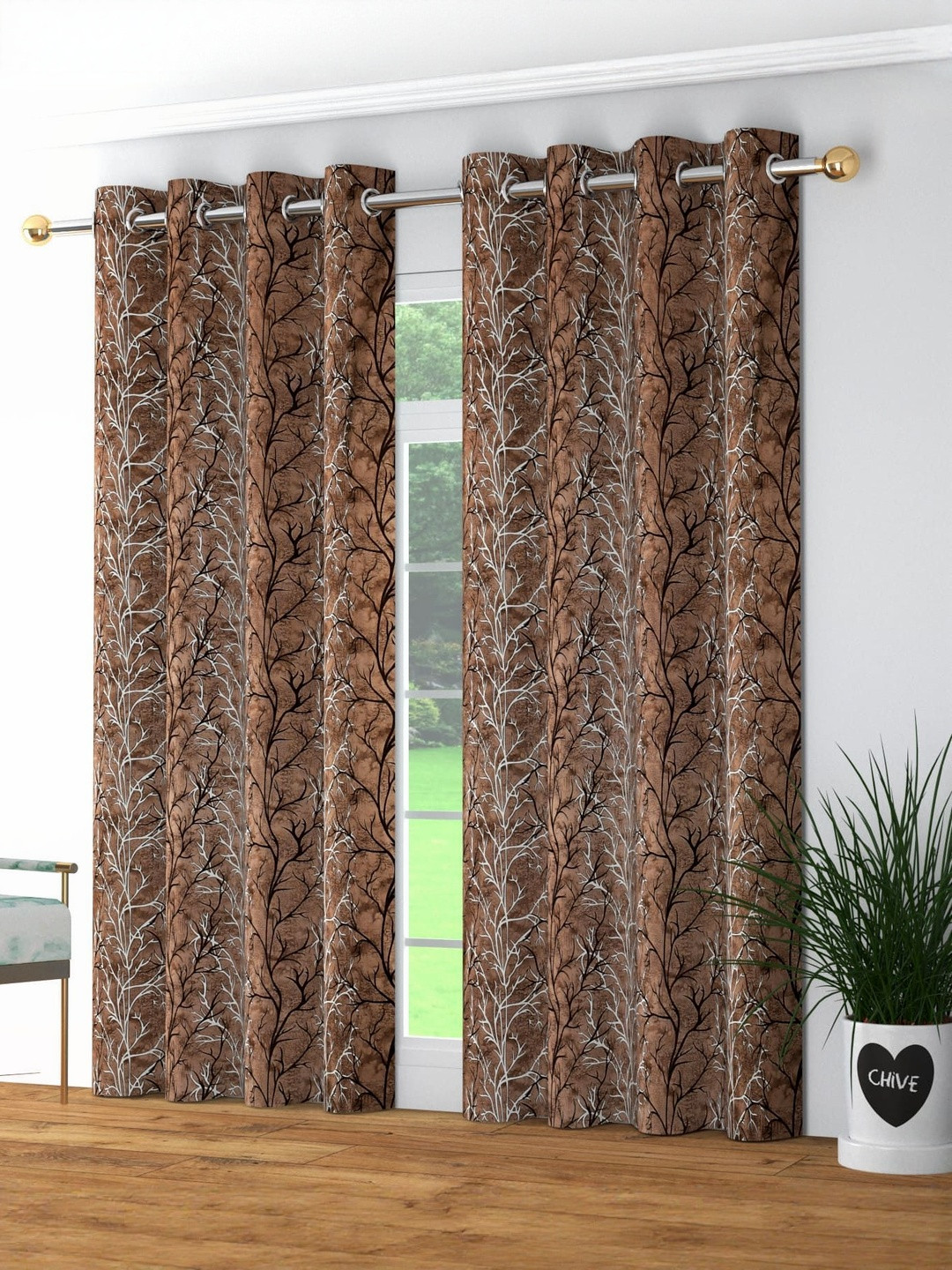GEET CREATIONS Superstar Coffee Brown 2 Pieces Printed Room Darkening Window Curtains