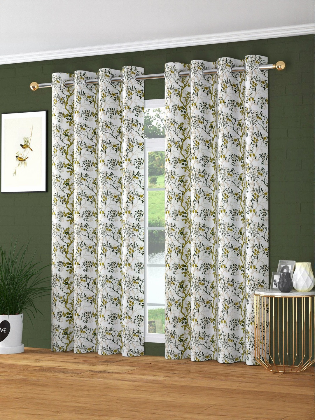 GEET CREATIONS Softy-Silmili Green & White 2 Pieces Printed Room Darkening Window Curtains