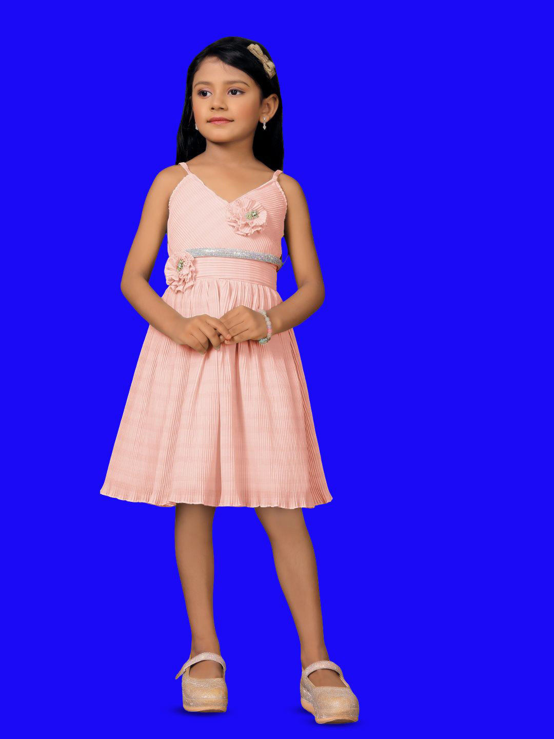 Satjal Fab Girls Striped Self Design Shoulder Straps Sleeveless A-Line Cotton Dress