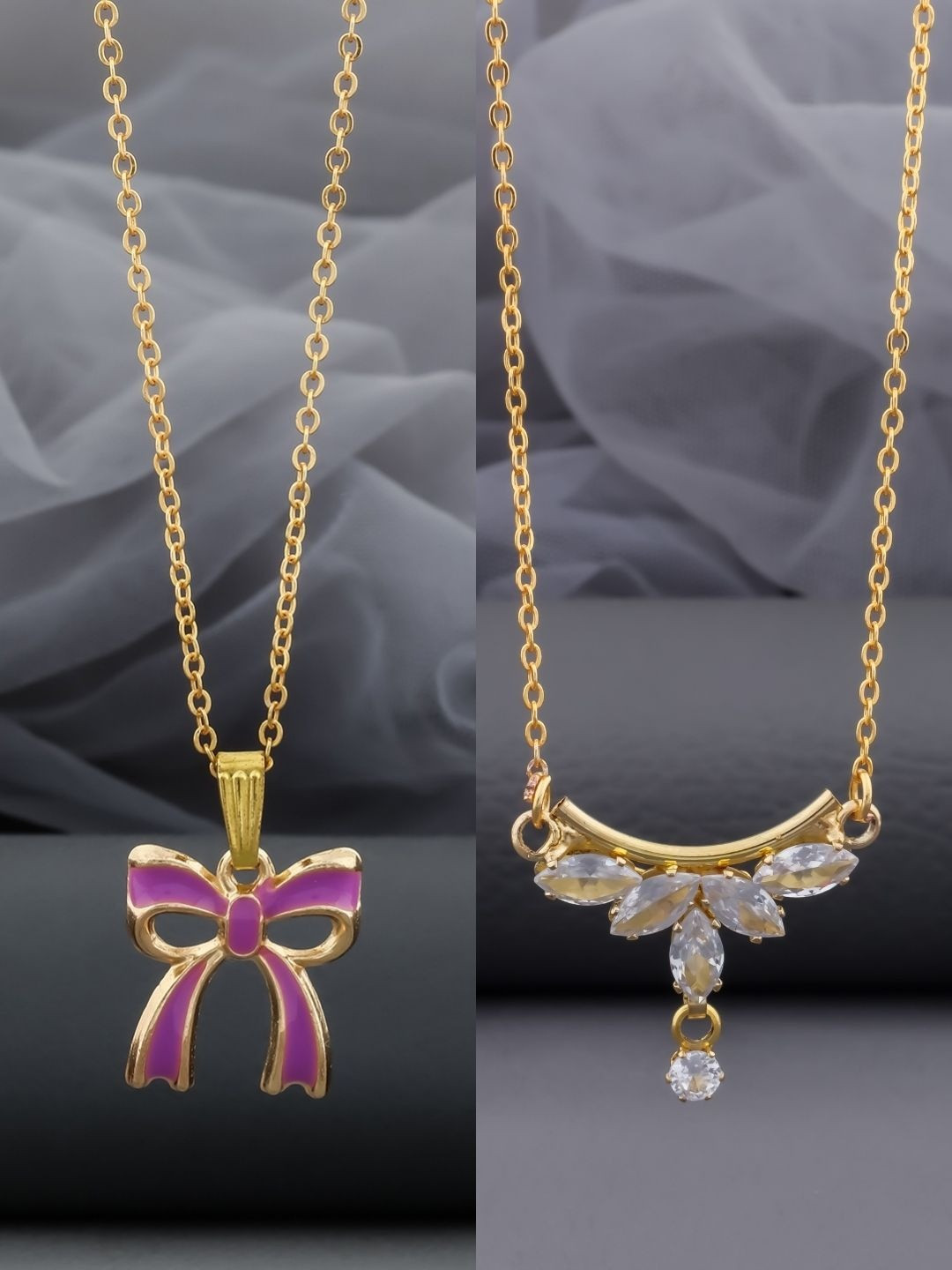 Birado Jewellery Women Set Of 2Stainless Steel Gold-Plated Stones Studded Minimal Necklace