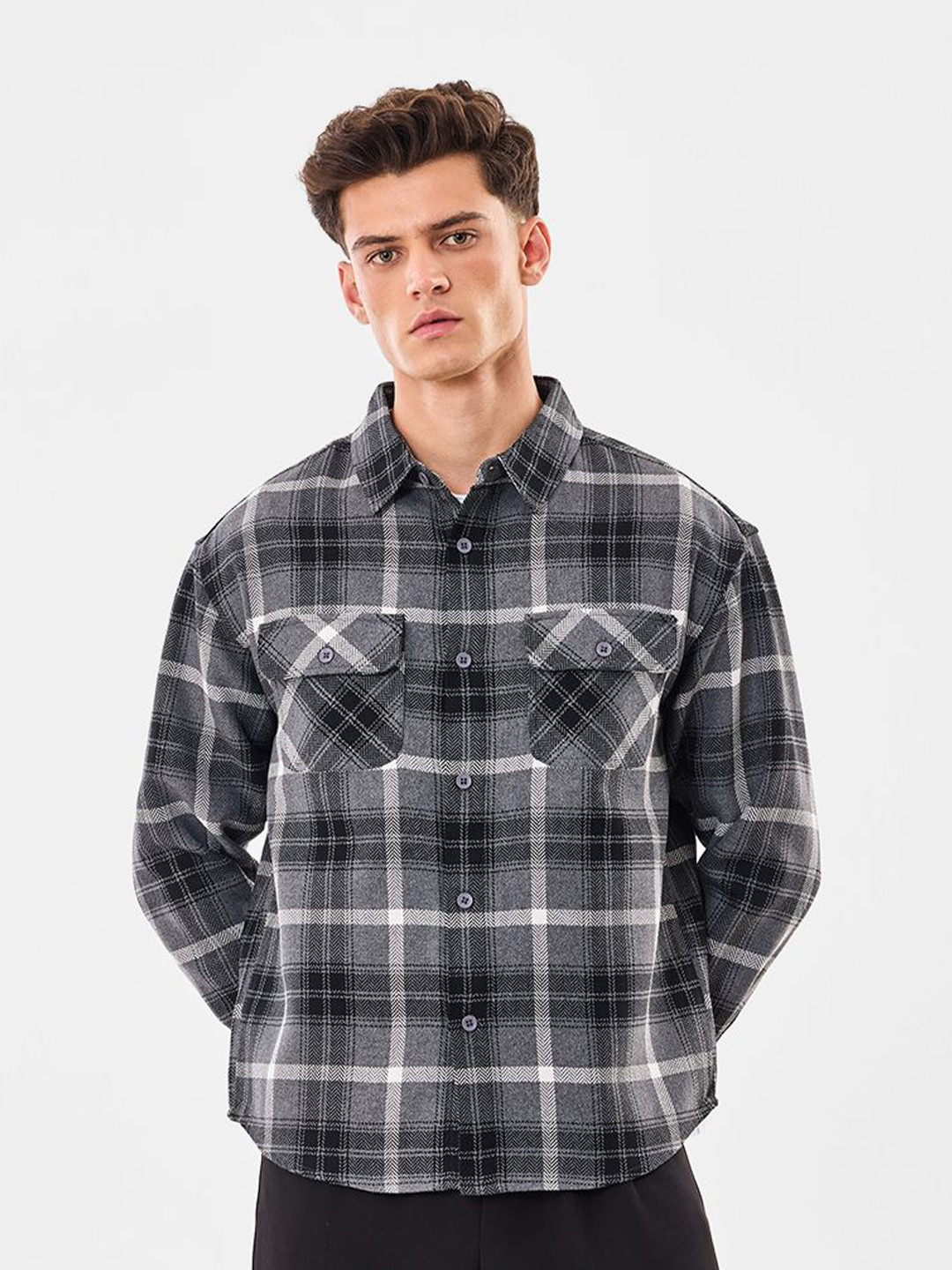 Snitch Men Grey Plaid Tartan Checks Checked Spread Collar Oversized Casual Shacket