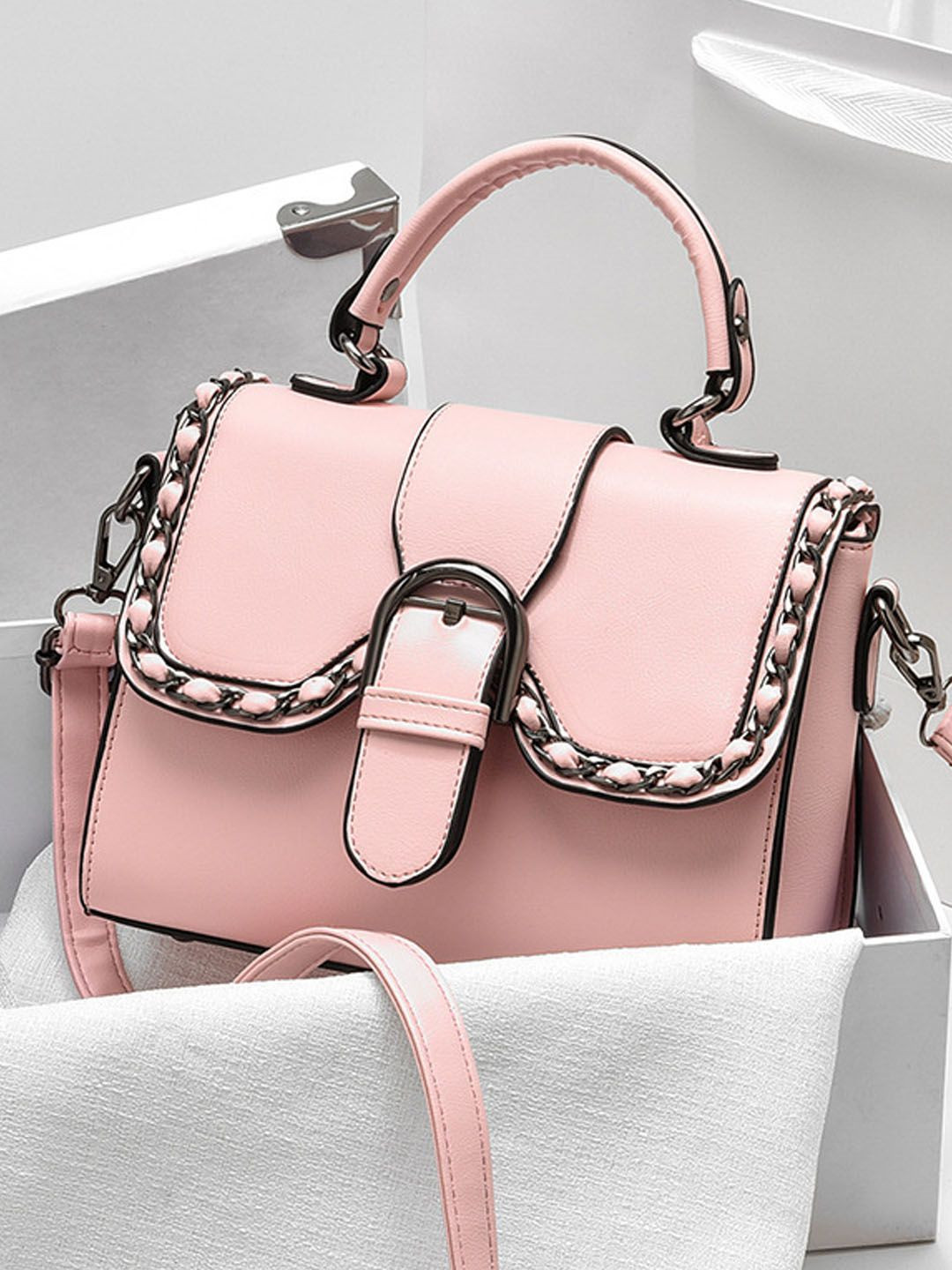 StyleCast Pink & Silver Toned Bucket Sling Bag With Buckle Detail