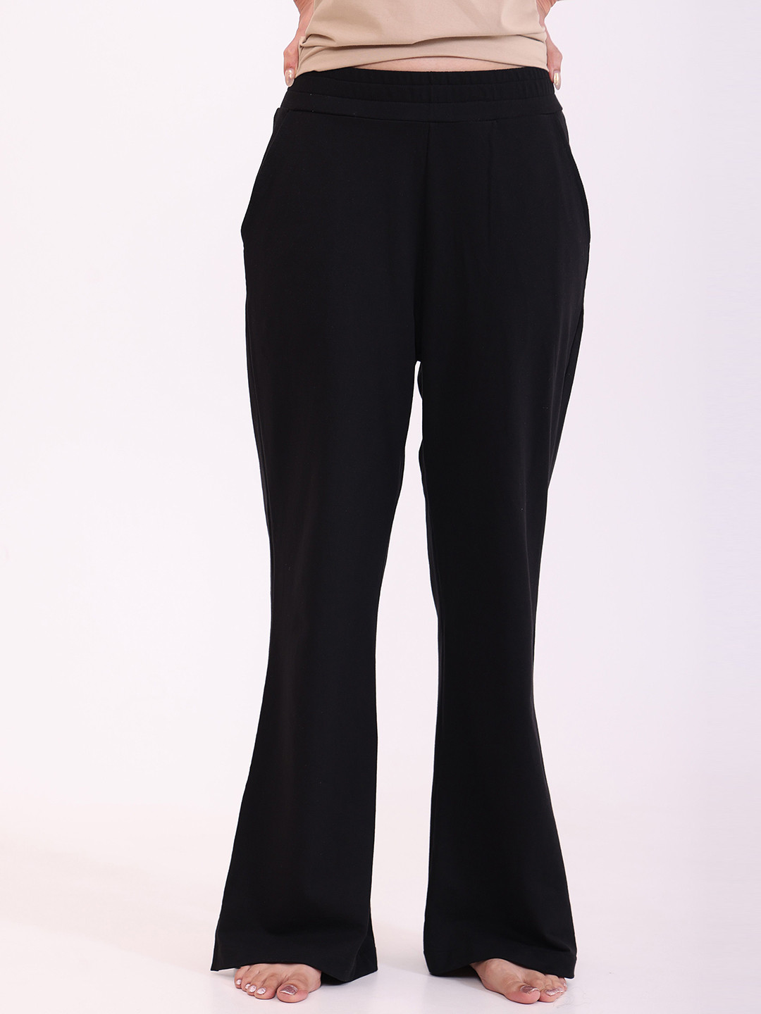 NAP STORY Women Flared Side Slit Inner Elastic Mid-Rise Pure Cotton Lounge Pants