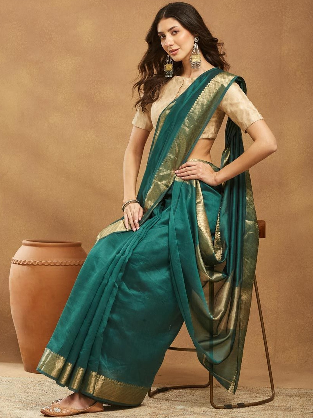 Fabindia Women Solid Zari Border Saree Without Blouse Piece