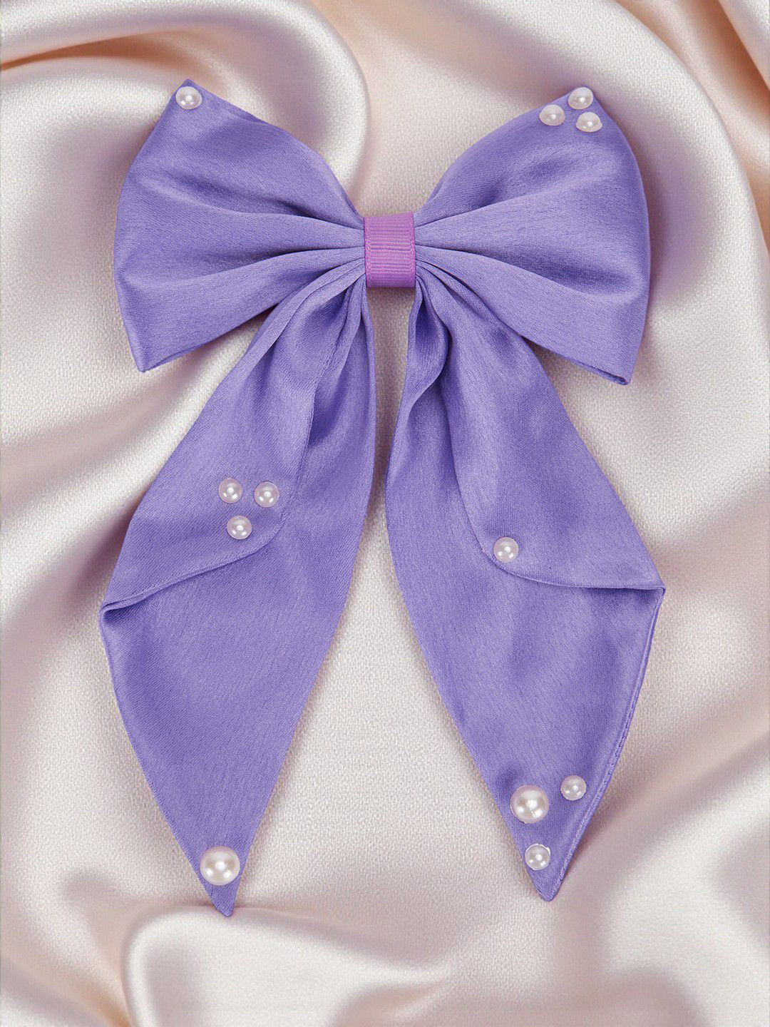 Ribbon Candy Purple Big Fancy Satin Bow On Alligator Clip Embellished With Pearls