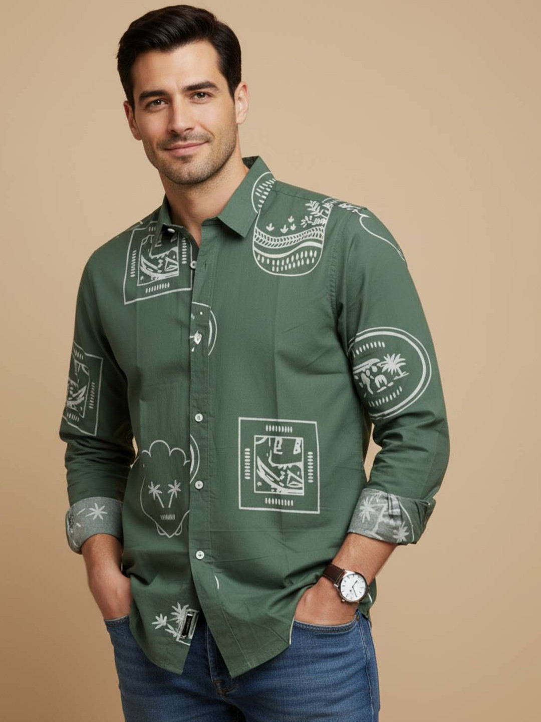 TRULOOM Abstract Printed Cuban Collar egular Sleeves Relaxed Fit Cotton Casual Shirt