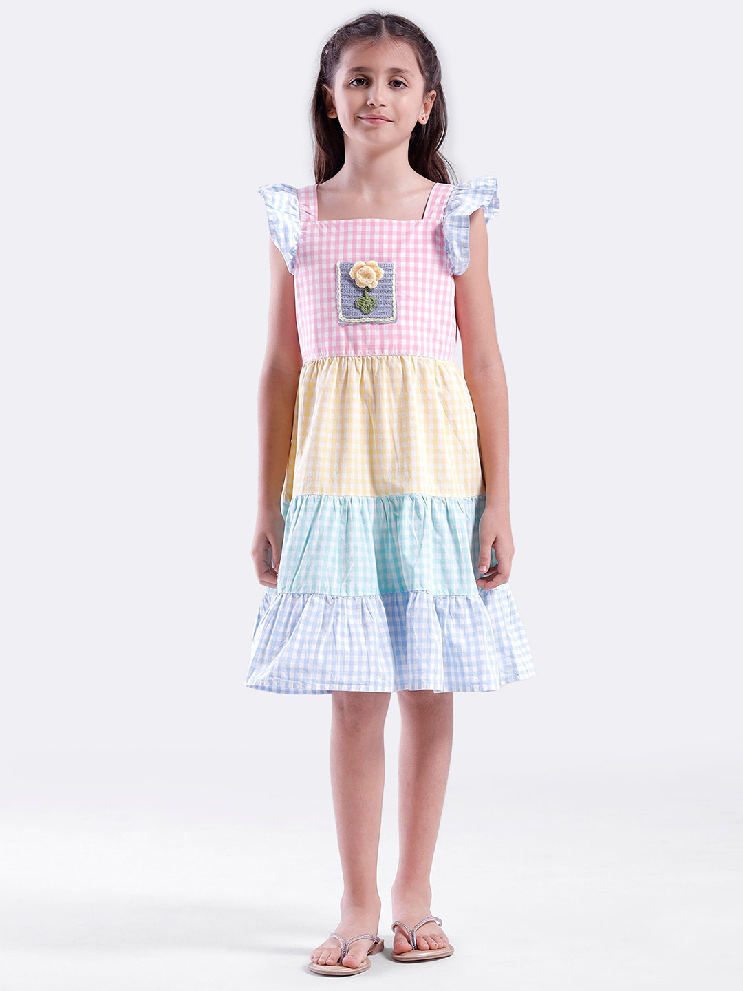 KATE & OSCAR Girls Gingham Checks Flutter Sleeves Fit and Flare Dress