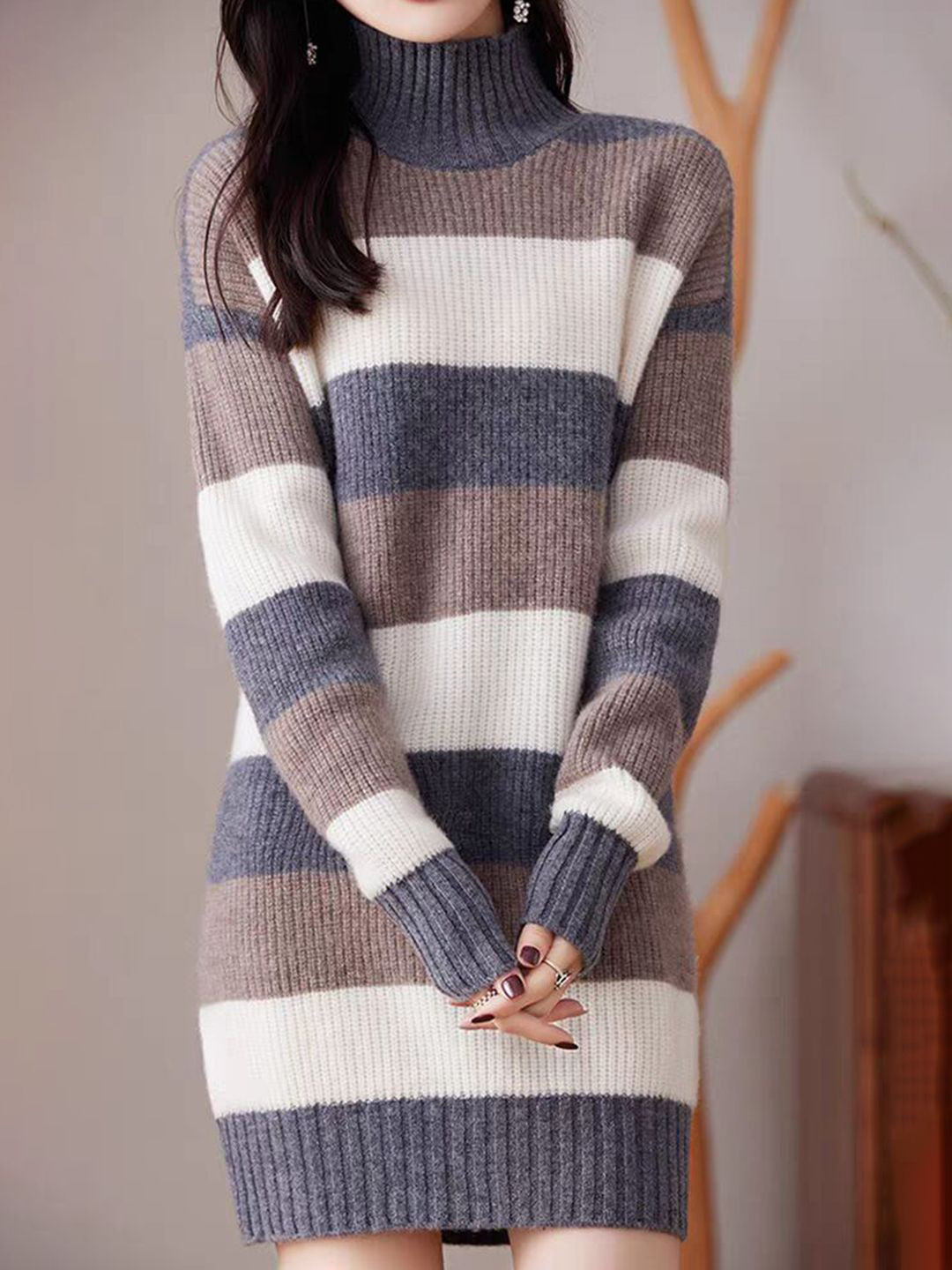 StyleCast Women Colourblocked High Neck Long Sleeves Knee Length Jumper Dress