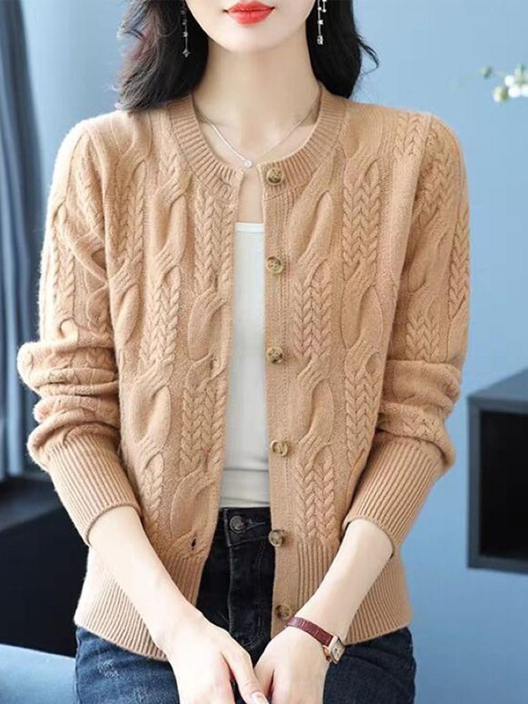 StyleCast Women Self Design Loose Fit Round Neck Full Sleeves Cardigan Swetaer