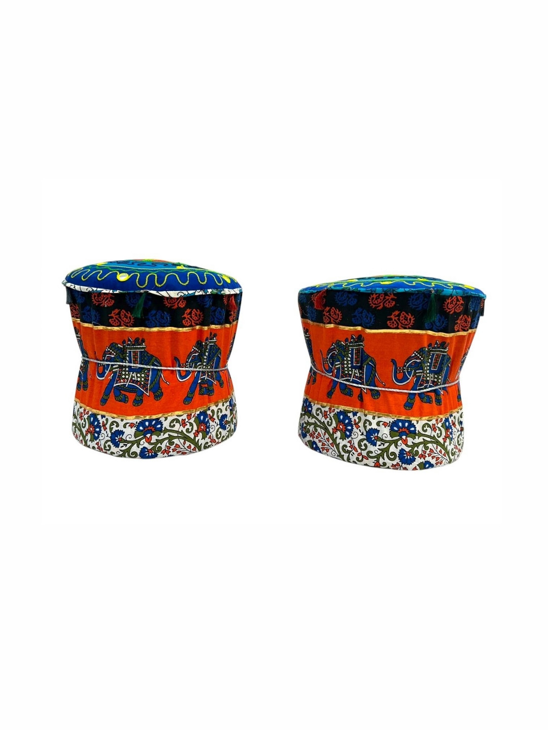 POSHMANDALA Orange & Blue 2 Pieces Elephant Design Embroidered Pure Cotton Muda Covers