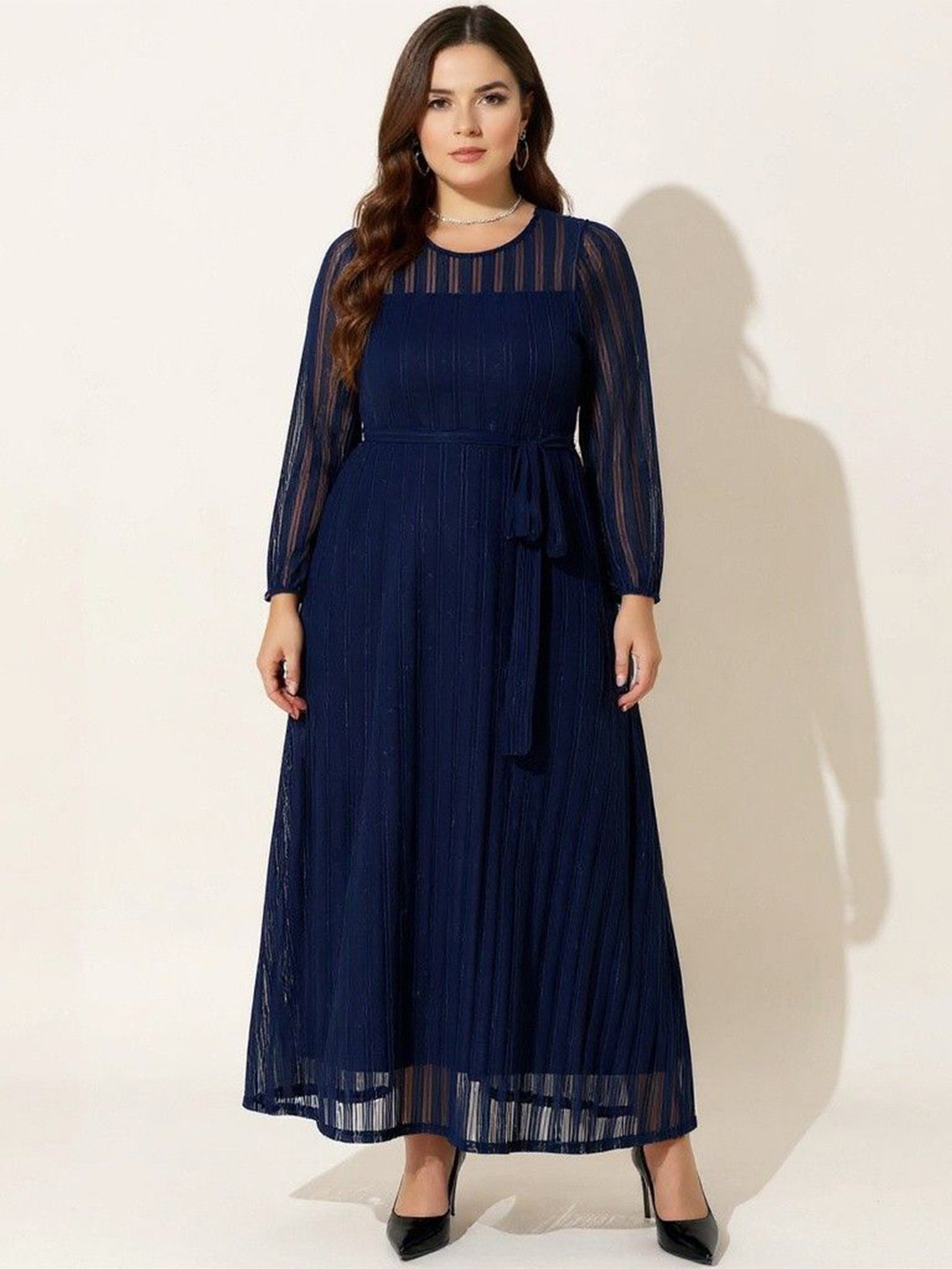 DressBerry Curve Women Self Design Round Neck Belted A-Line Maxi Dress