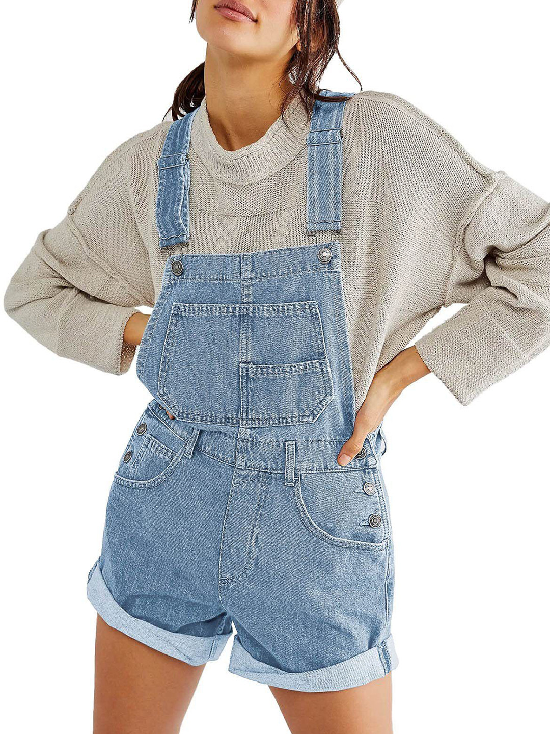 HERE&NOW Casual Rolled Cuff Denim Jumpsuit Dungarees