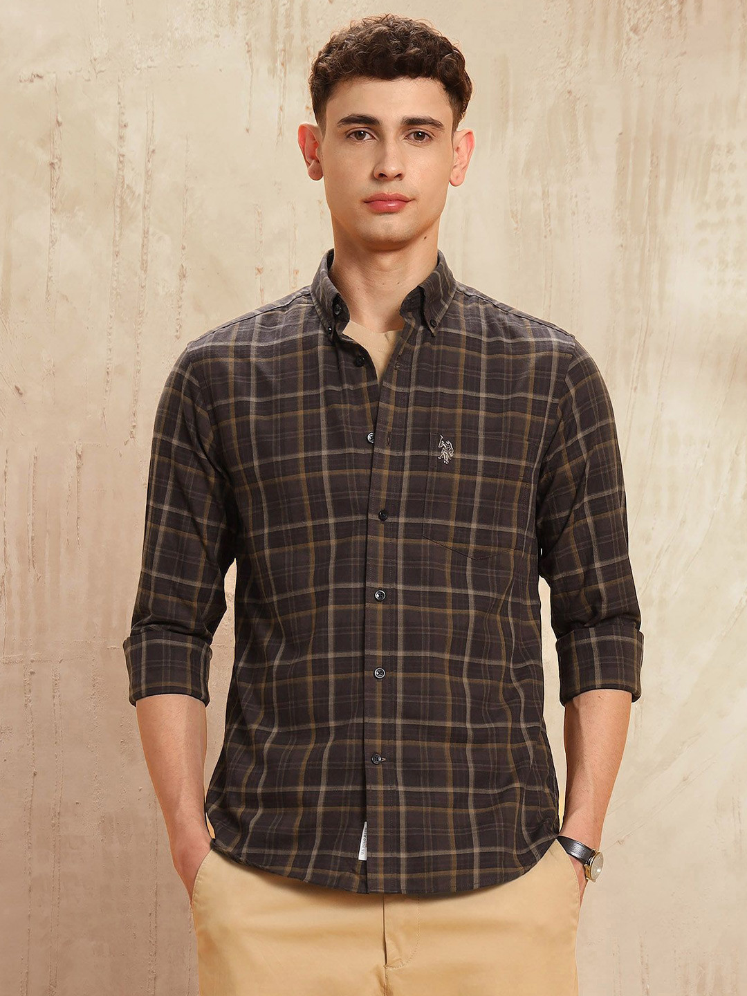 U.S. Polo Assn. Checked Button-Down Collar Roll-Up Sleeves Tailored Fit Cotton Shirt