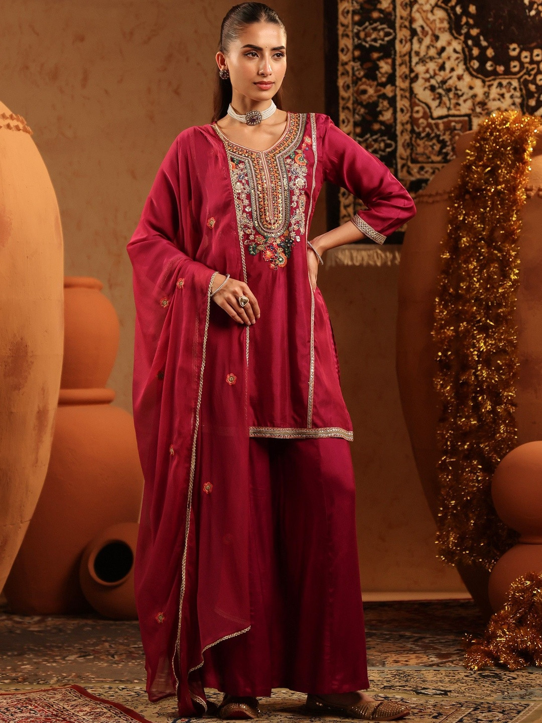 SCAKHI Floral Embroidered Sequinned Russian Silk Kurti With Palazzos & Dupatta