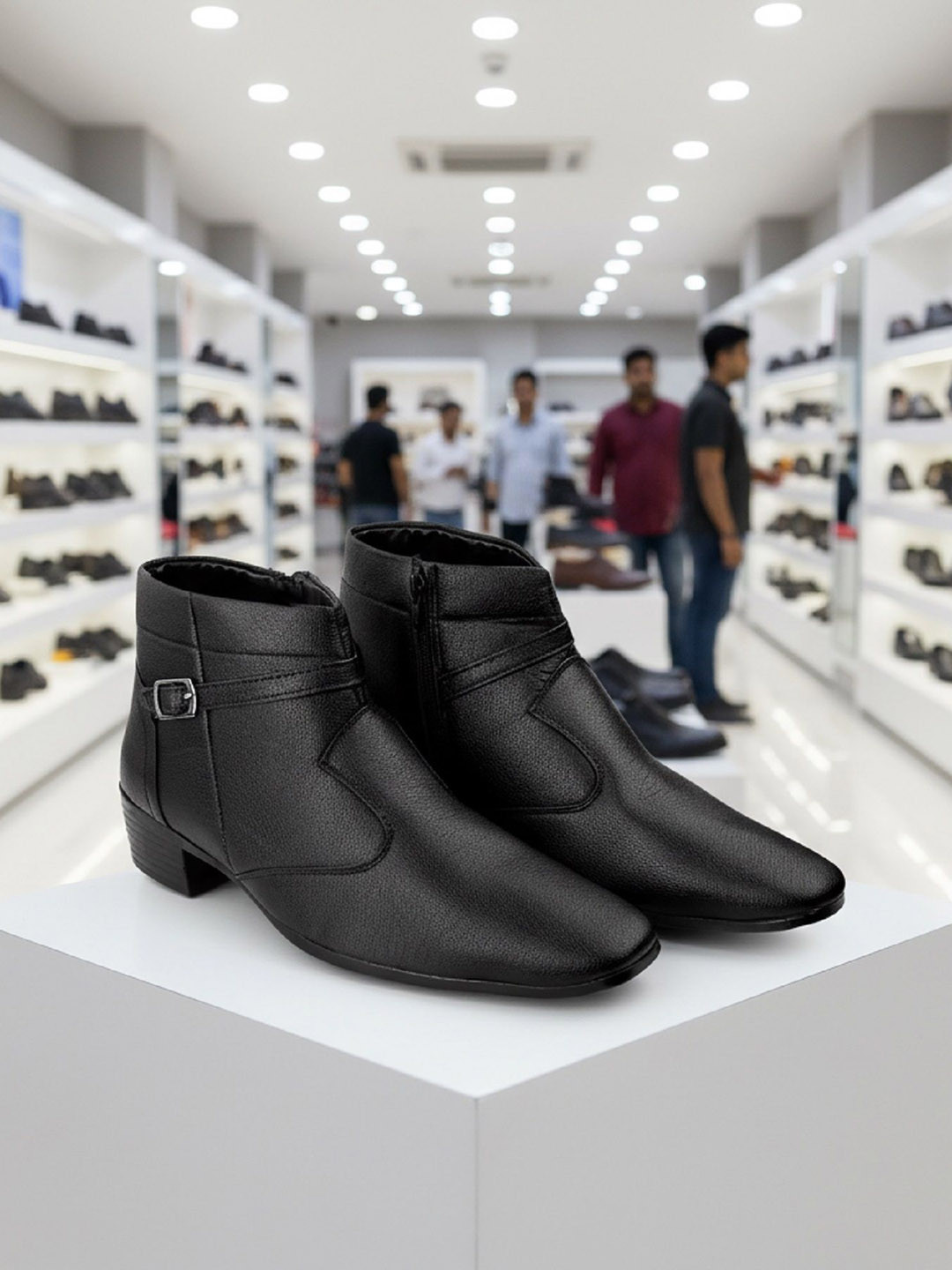 Bxxy Men Block Heel Mid-Top Slip-on Zipper Buckle Causal Boots