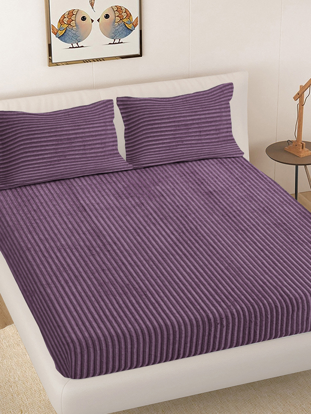 Myntra Elegant Homes Purple Striped Woollen 300 TC Fitted King Bedsheet Set-2.5mX2.25m