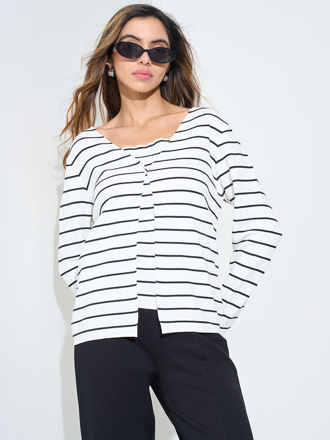 Annabelle by Pantaloons Women Striped Monochrome Sleeveless Top With Shrug