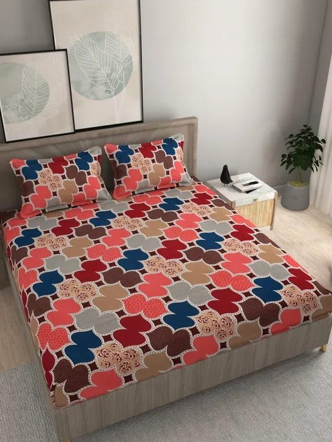 NEW TOWN Maroon & Blue Geometric 210 TC Queen Bedsheet with 2 Pillow Covers