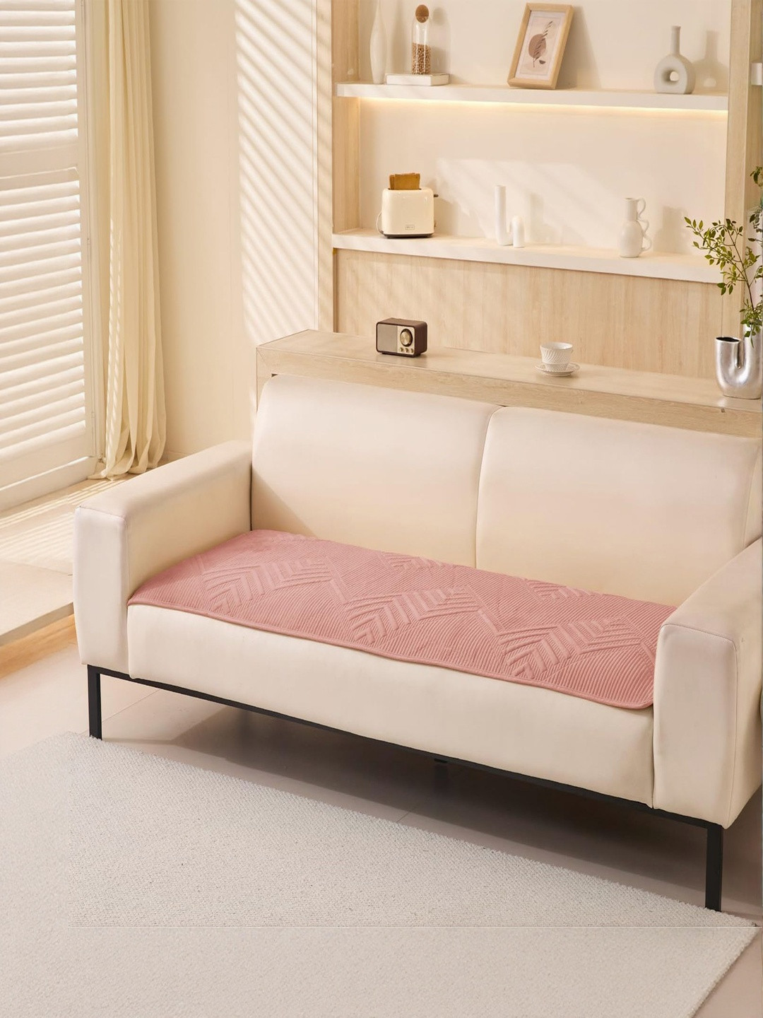 HOUSE OF QUIRK Herringbone Chenille Pink Self Design Velvet Anti-Slip 1 Seater Sofa Mat