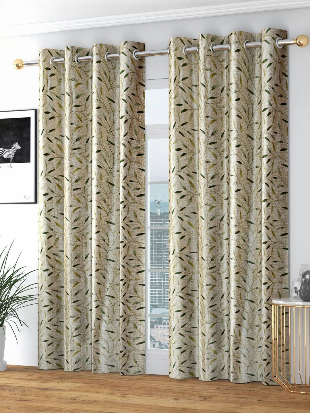 GEET CREATIONS Softy-Mirchi Green & Cream 2 Pieces Printed Room Darkening Window Curtains