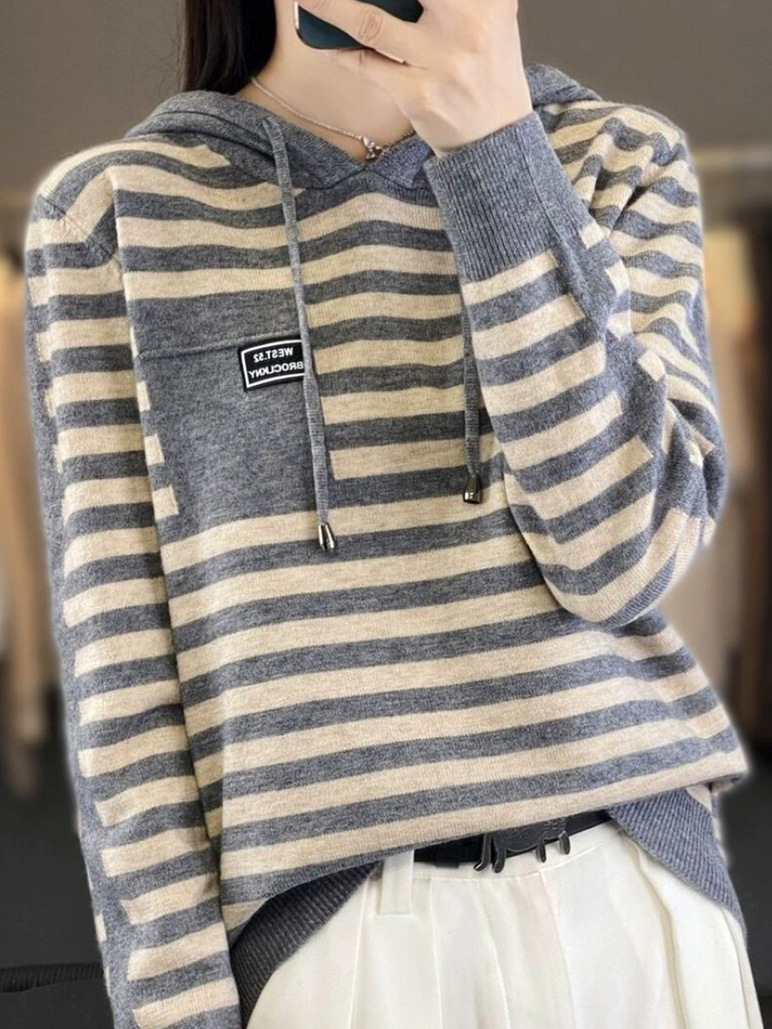 StyleCast Women Striped Hooded Long Sleeve Loose Fit Pullover