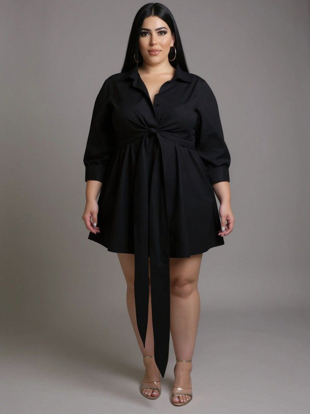 DressBerry Curve Women Black Shirt Collar Solid Polyester Shirt Mini Dress