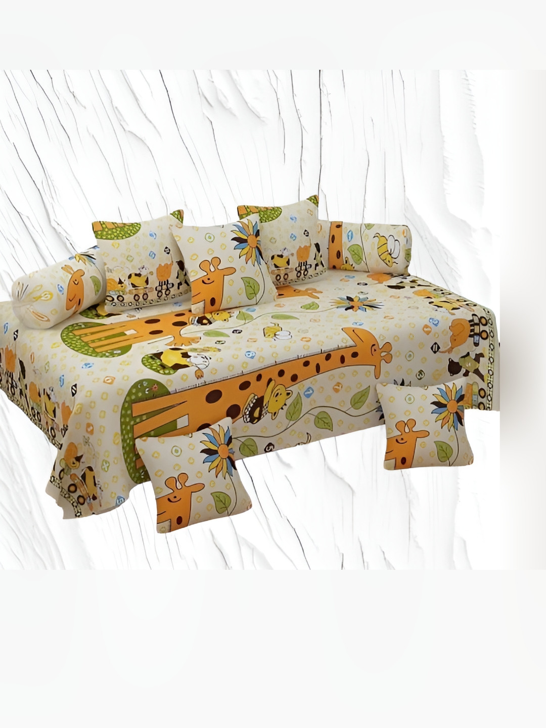 WELLNEST Set Of 8 Beige & Orange Animal Printed Diwan Set