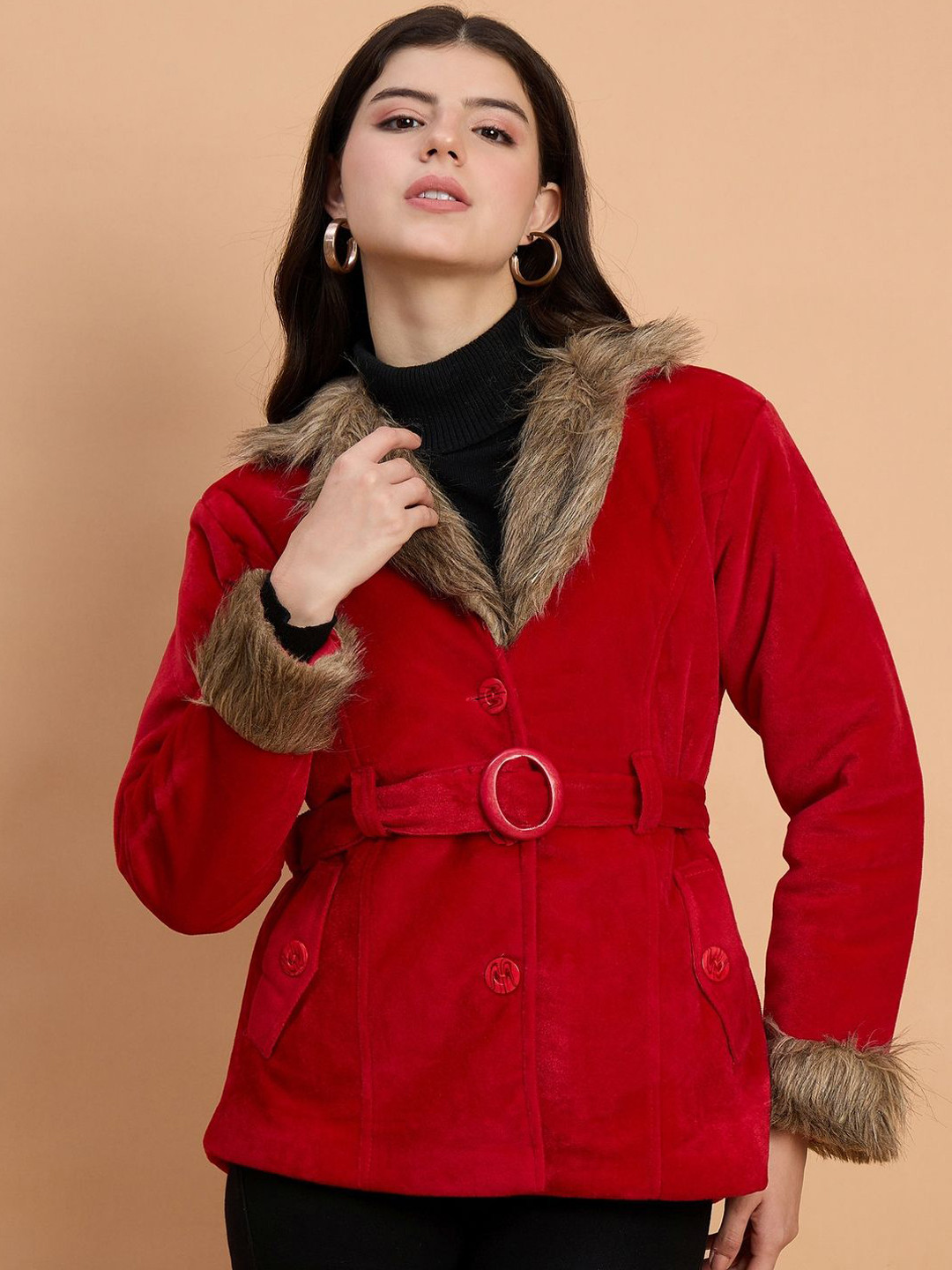 The Roadster Lifestyle Co Velvet Soft Fur Belted Winter Coat