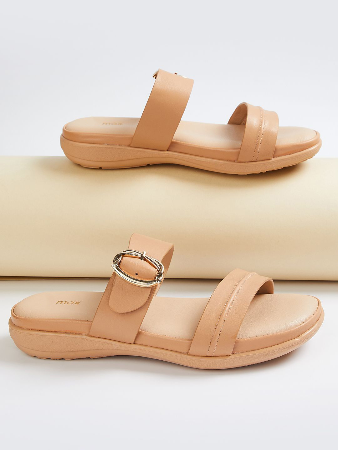 max Cushioned Footbed Open Toe Flats With Buckles