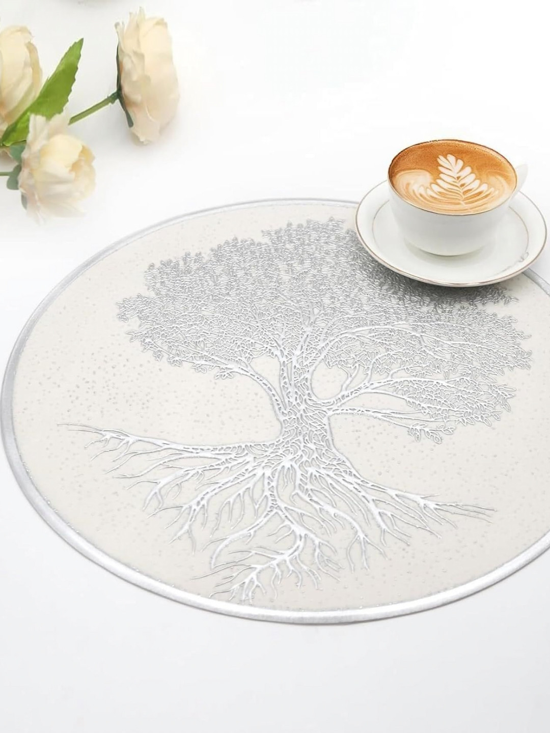 LooMantha Silver-Toned & White Floral Printed Round Waterproof Table Placemat