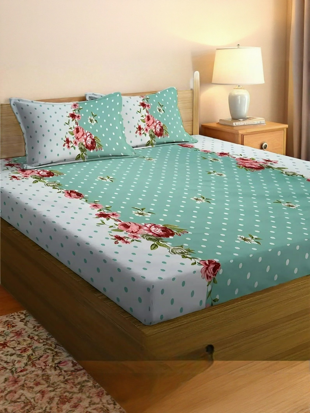 NEW TOWN Green & White Floral 210 TC King Size Bedsheet with 2 Pillow Covers
