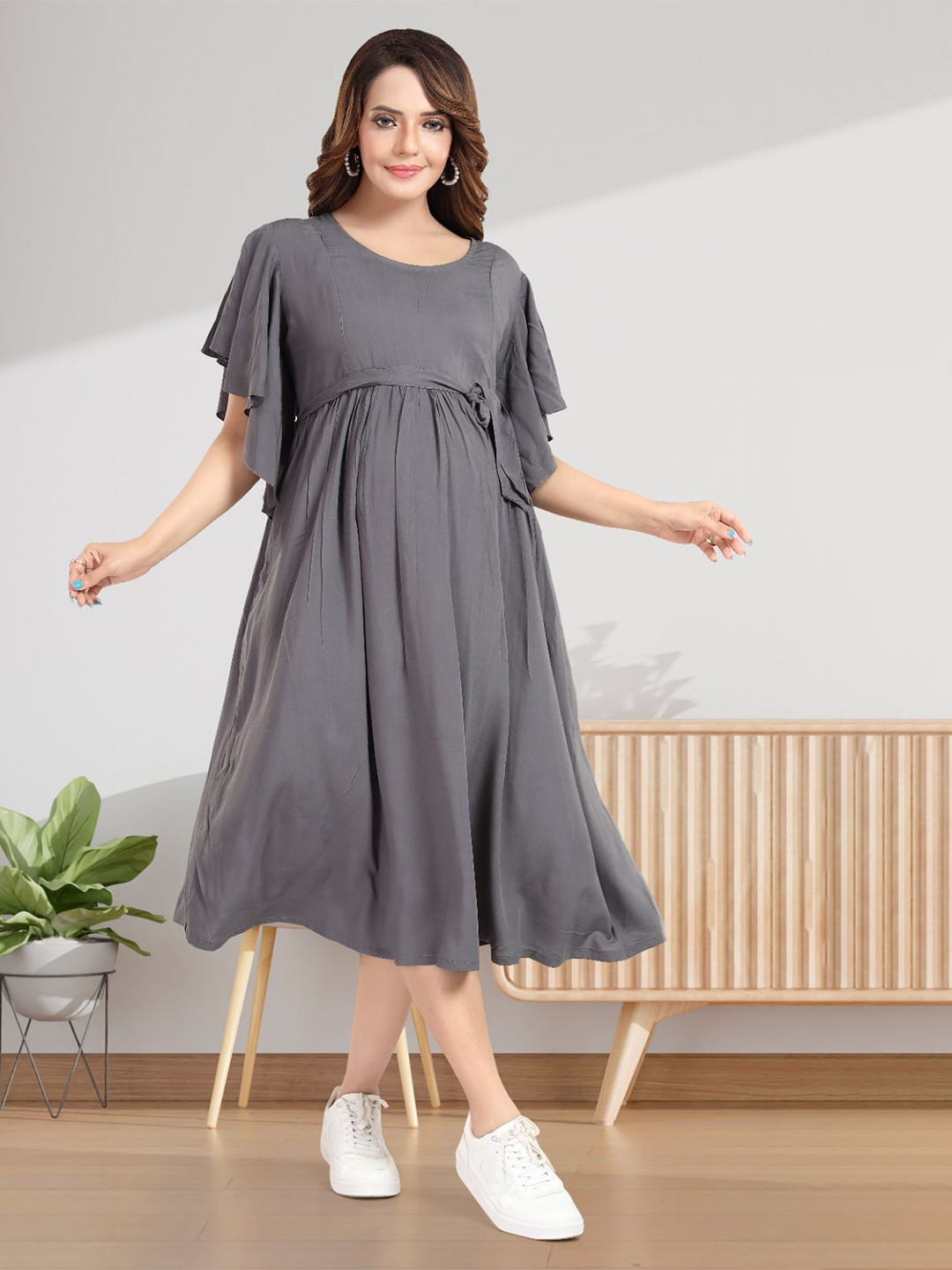 MomsBae Women Round Neck Flutter Sleeve Maternity Fit and Flare Midi Dress